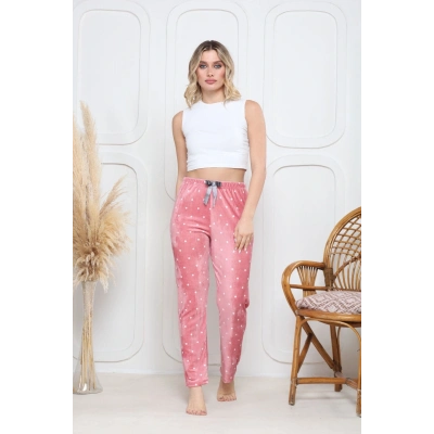 Kadife pijama altı pembe üstüne beyaz kalpli Pontiye desenli q7013