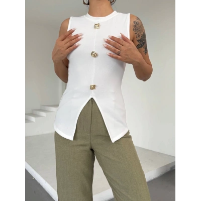 Kadın beyaz bisiklet yaka gold düğmeli ottoman bluz s2310