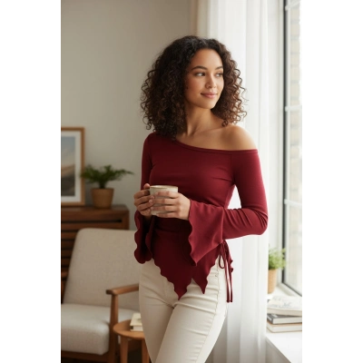 Kadın Bordo Uzun İspanyol Kollu Asimetirik Yaka Yandan Bağlamalı Drapeli Bluz
