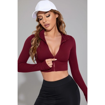 Kadın Bordo Uzun Kol Fermuarlı Parmak Geçme Detaylı Dik Yaka Crop Top Bluz
