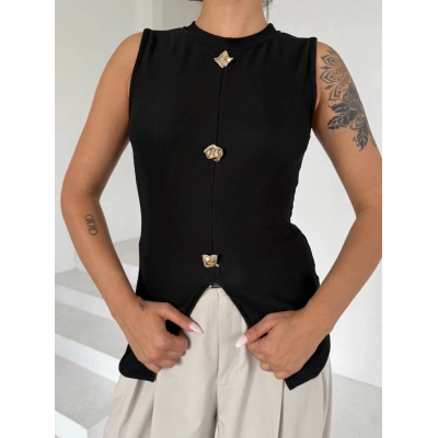 Kadın siyah bisiklet yaka gold düğmeli ottoman bluz s2310