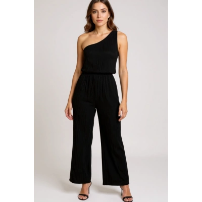 Kadın Siyah Tek Omuzlu Şık Bluz & Geniş Paça Pantolon İkili Takım – Modern, Konforlu ve Günlük Kombinlere Uygun