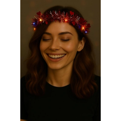 Kalp Püsküllü 3 Modlu LED Işıklı Taç Kırmızı Renk