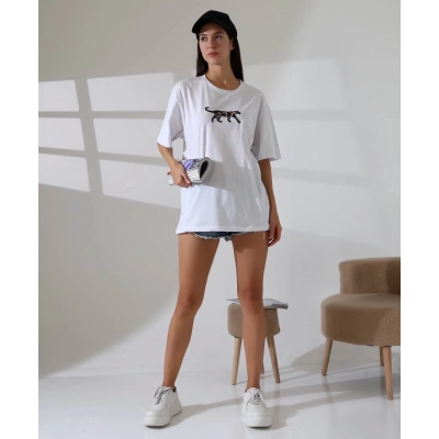 Kaplan nakış işlemeli Oversize tişört