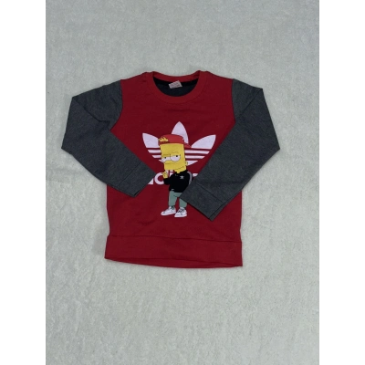 Karakter baskılı bisiklet yaka çift renkli sweatshirt bordo erkek çocuk