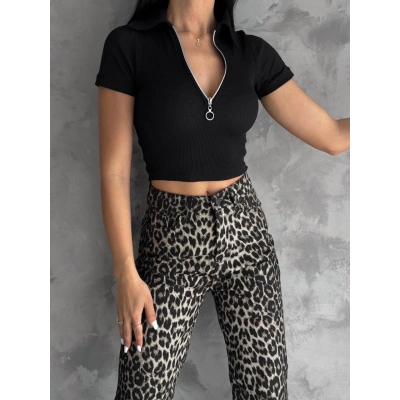 kaşkorse yaka fermuarlı bluz siyah