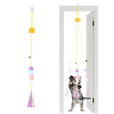 Kendiliğinden Yapışkanlı Uzun ipli Tüylü Zilli Peluş Kedi Oyun Oltası Kedi Oyuncağı