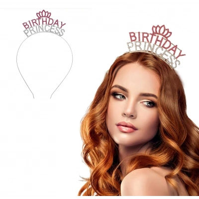Kristal Taşlı Birthday Princess Yazılı Parti Tacı Pembe Renk