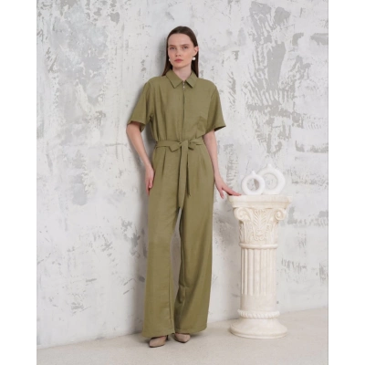 Kuşaklı gömlek yaka salaş tulum haki s255822