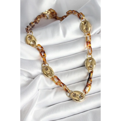 Leopar Desenli Mika Gold Renk Zincir Kadın Kolye