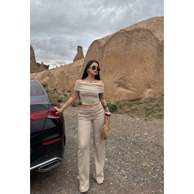 Madonna yaka bol paça pantolonlu takım