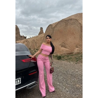 Madonna yaka bol paça pantolonlu takım