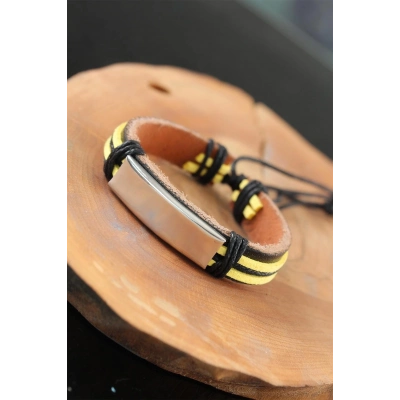 Metal Aksesuarlı Sarı Siyah Renk Deri Erkek Bileklik