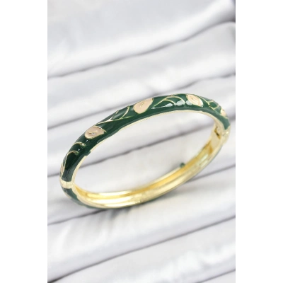 Mineli Pirinç Gold Renk Yeşil Çiçek Motifli Kadın Kelepçe