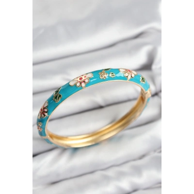 Mineli Pirinç Mavi Çiçek Motifli Gold Kadın Kelepçe