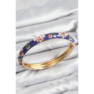 Mineli Pirinç Mor Çiçek Motifli Gold Kadın Kelepçe