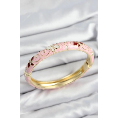 Mineli Pirinç Pembe Çiçek Motifli Gold Kadın Kelepçe