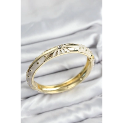 Mineli Pirinç Zirkon Taşlı Bej Desen Motifli Gold Kadın Kelepçe
