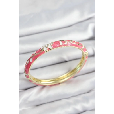 Mineli Pirinç Zirkon Taşlı Pembe Çiçek Motifli Gold Kadın Kelepçe