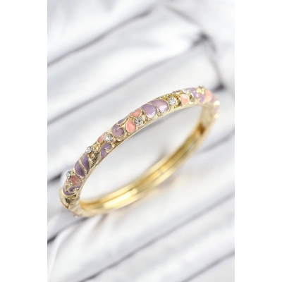 Mineli Pirinç Zirkon Taşlı Pembe Mor Çiçek Motifli Gold Kadın Kelepçe