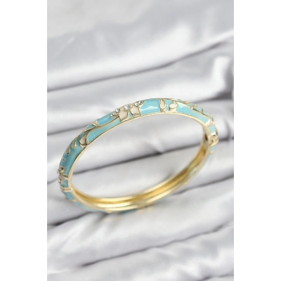 Mineli Pirinç Zirkon Taşlı Turkuaz Çiçek Motifli Gold Kadın Kelepçe