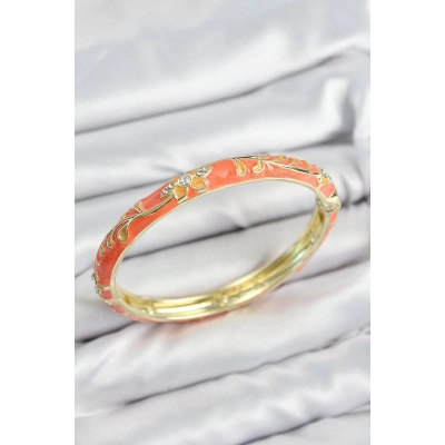 Mineli Pirinç Zirkon Taşlı Turuncu Çiçek Motifli Gold Kadın Kelepçe