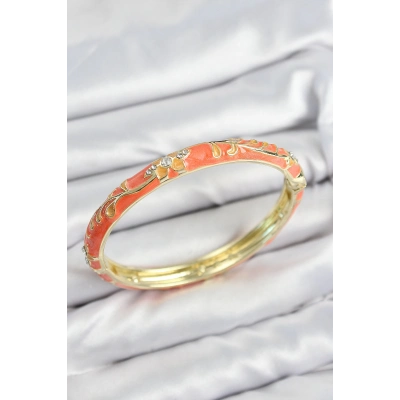 Mineli Pirinç Zirkon Taşlı Turuncu Çiçek Motifli Gold Kadın Kelepçe