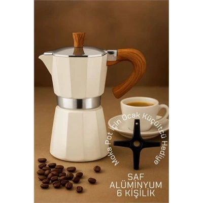 Italyan Moka Pot - 6061 Saf Alüminyum  Ahşap Saplı - 6 kişilik KREM