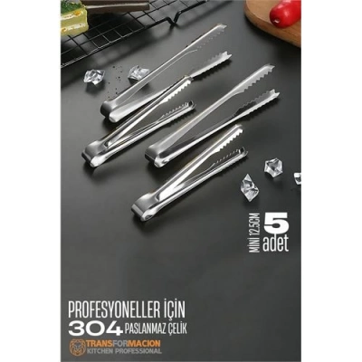 Mini 12.5 cm Buz Maşası - Şeker Limon Maşası Kokteyl Servis Maşası 5 li PAKET 304 Paslanmaz Çelik