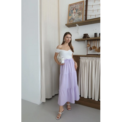 Müslin kumaş keten uzun etek lila pt