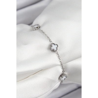 316L Çelik Beyaz Sedef Yonca Model Gümüş Renk Kadın Bileklik