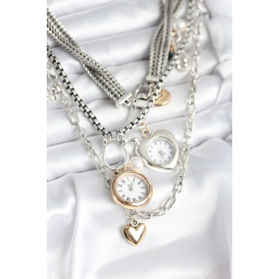 Otantik Gümüş Renk Kadın Kolye Kombini