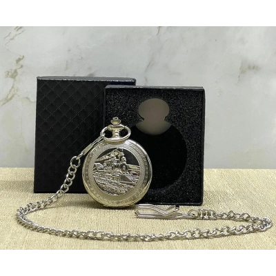 Özel Kutulu Tren Temalı Gümüş Köstekli Saat