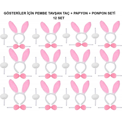 Pembe Tavşan Kostüm Seti – Taç, Papyon, Ponpon (12’li Paket)