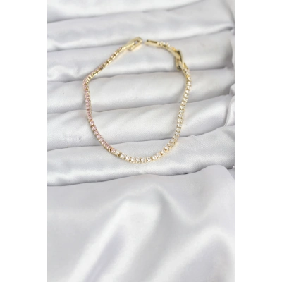 Pembe ve Beyaz Zirkon Taşlı Gold Renk Su Yolu Kadın Bileklik