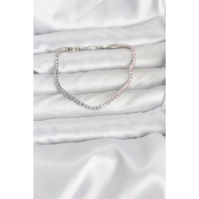 Pembe ve Beyaz Zirkon Taşlı Gümüş Renk Su Yolu Kadın Bileklik
