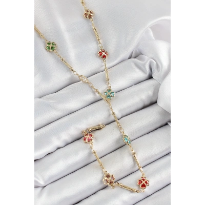 Pirinç Asorti Kalpli Yonca Model Gold Renk Zirkon Taşlı Y Kolye