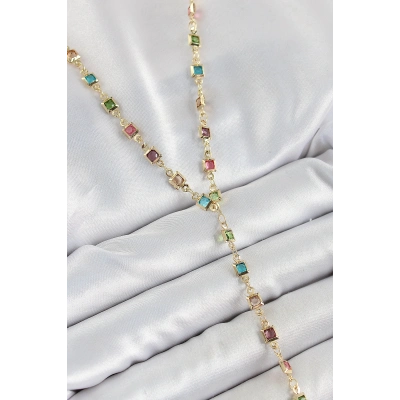 Pirinç Asorti Kare Model Gold Renk Zirkon Taşlı Y Kolye