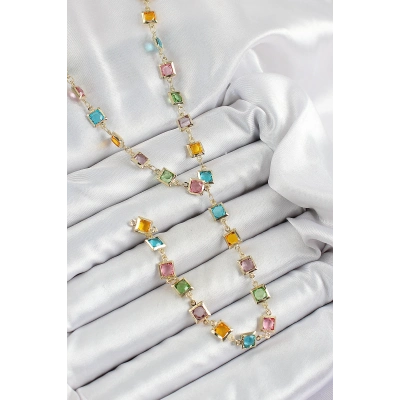 Pirinç Asorti Kare Model Gold Renk Zirkon Taşlı Y Kolye