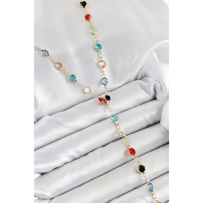 Pirinç Asorti Model Gold Renk Zirkon Taşlı Y Kolye