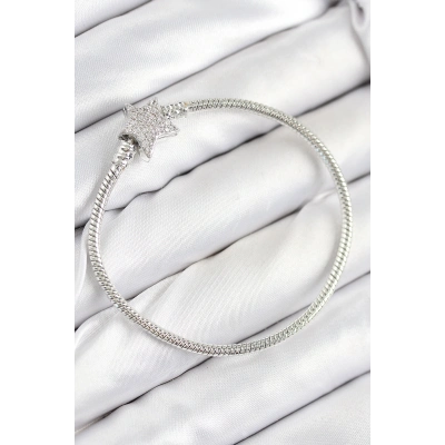 Pirinç Charm Zirkon Taşlı Yıldız Model Gümüş Renk Kadın Bileklik
