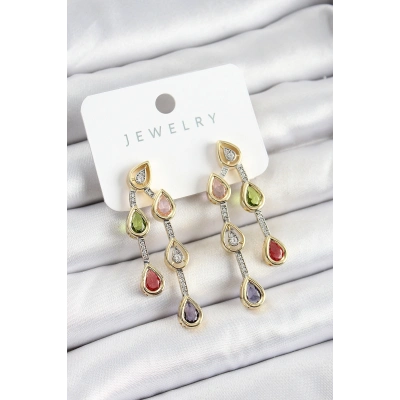 Pirinç Çoklu Damla Model Karşık Zirkon Taşlı Gold Ve Gümüş Renk Kadın Küpe