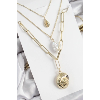 Pirinç Çoklu Zincirli İncili Deniz Kabuğu Model Gold Renk Kadın Kolye