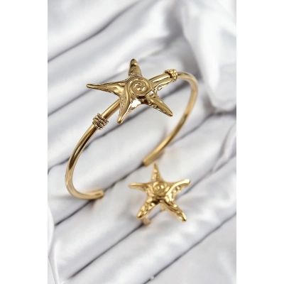 Pirinç Deniz Yıldızı Model Gold Renk Bileklik Yüzük Set