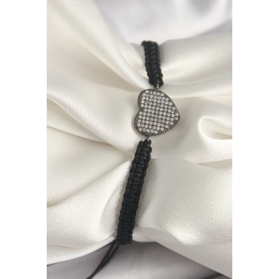 Pirinç Füme Renk Zirkon Taşlı Kalp Figür Asansörlü Makrome Model Kadın Bileklik