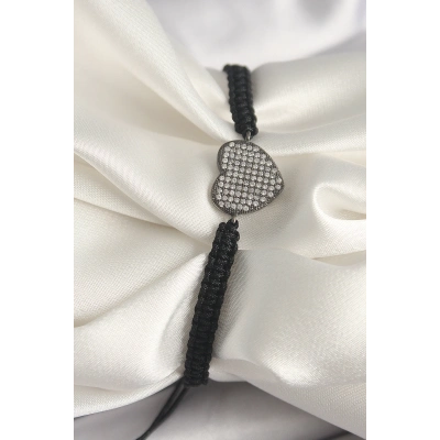 Pirinç Füme Renk Zirkon Taşlı Kalp Figür Asansörlü Makrome Model Kadın Bileklik