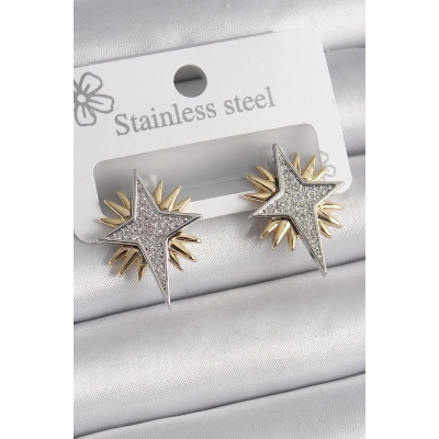Pirinç Gold Gümüş Renk Zirkon Taşlı Kutup Yılıdız Model Kadın Küpe
