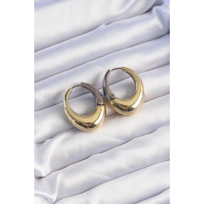 Pirinç Gold Gümüş Renkli Oval Bombeli Küpe