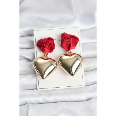 Pirinç Gold Kalpli Kırmızı Gül Model Kadın Küpe