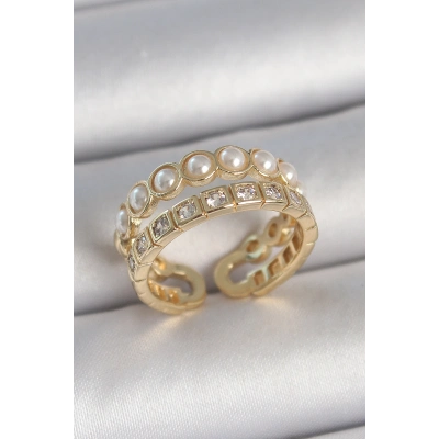 Pirinç Gold Renk 2Li Zirkon Taşlı Ve İncili Ayarlanabilir Kadın Yüzük